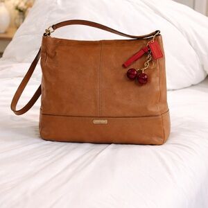 Coach Brown Leather Shoulder Bag with Red Cherry Charm No K1305-F23293